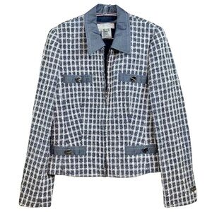 Escada Tweed Wool Blend Gingham Boucle Jacket Blue Ivory White Size IT 36 S